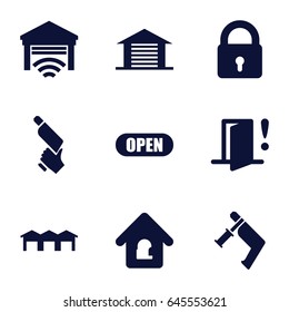 Door icons set. set of 9 door filled icons such as lock, nail gun, lock home, garage, open