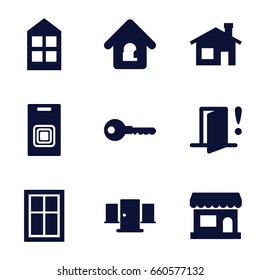 Door icons set. set of 9 door filled icons such as house building, window, key, lock home