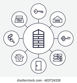 Door icons set. set of 9 door outline icons such as shutter blinds, door, key, blinds, shop, open plate