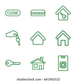 Door icons set. set of 9 door outline icons such as house building, barn, key, home key, hand with key, close