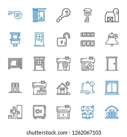 door icons set. Collection of door with barn, house, safebox, locker, window, bell, microwave, cupboard, lock, toilet, key. Editable and scalable door icons.