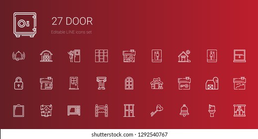 Door Icons Set. Collection Of Door With Bell, Key, Entrance, Microwave, House, Window, Dog House, Architecture, Lock, Toilet, Barn, Locker, Safebox. Editable And Scalable Door Icons.