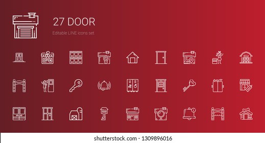 Door Icons Set. Collection Of Door With Bell, House, Key, Barn, Doors, Locker, Entrance, Home, Dog House, Stores, Elevator, Portable Fridge. Editable And Scalable Door Icons.