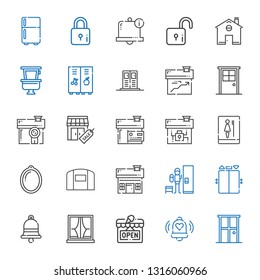 door icons set. Collection of door with bell, open, window, elevator, locker, house, hangar, toilet, stores, home, lock, fridge. Editable and scalable door icons.