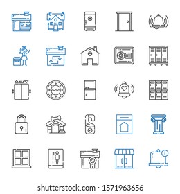 Door Icons Set. Collection Of Door With Bell, Entrances, House, Toilet, Window, Architecture, Home, Door Hanger, Dog House, Lock, Lockers, Fridge. Editable And Scalable Icons.