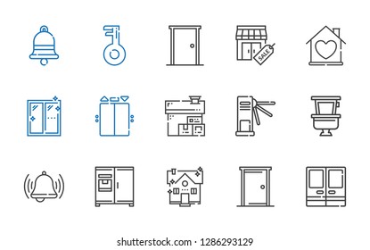 door icons set. Collection of door with doors, house, fridge, bell, toilet, turnstiles, elevator, window, stores, key. Editable and scalable door icons.