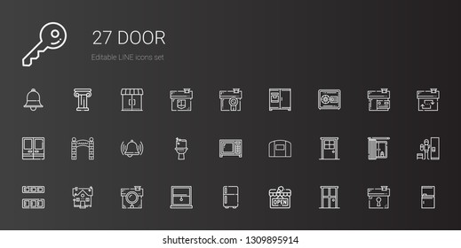 door icons set. Collection of door with open, fridge, window, house, cupboard, hangar, microwave, toilet, bell, entrance, doors, safebox, locker. Editable and scalable door icons.