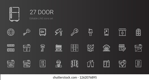 Door Icons Set. Collection Of Door With Window, Home, Turnstiles, Doorman, Toilet, House, Barn, Locker, Farm House, Key, Cupboard, Freezer, Stores. Editable And Scalable Door Icons.