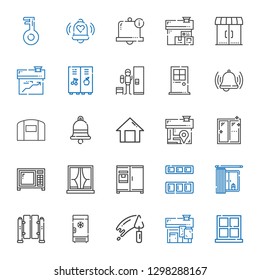 door icons set. Collection of door with window, house, trowel, freezer, turnstiles, cupboard, fridge, microwave, home, bell, hangar, locker. Editable and scalable door icons.