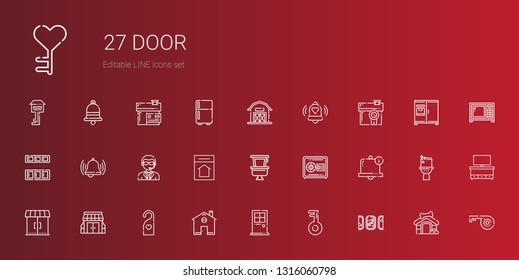 Door Icons Set. Collection Of Door With Windows, Key, Home, Doorknob, Stores, Entrances, Bell, Safebox, Toilet, Doorman, Cupboard, House, Barn. Editable And Scalable Door Icons.