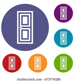 Door icons set in flat circle reb, blue and green color for web