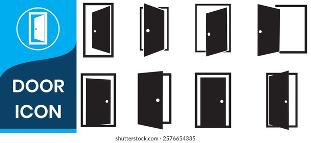 Door icons set. Open, close and ajar door. Doors collection.  Interior or office doors. Vector illustration.