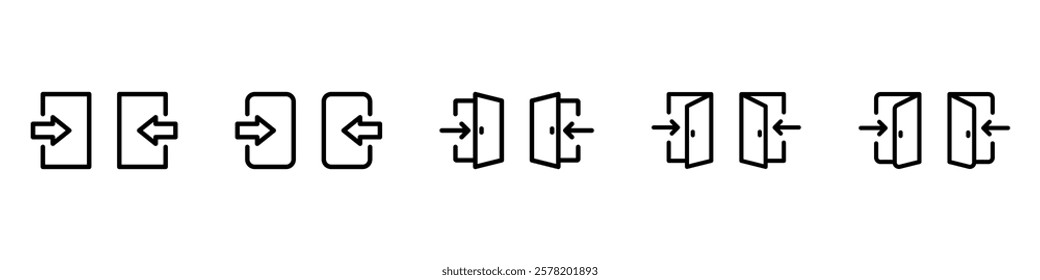 Door icons set. Open, close and ajar door. Doors collection.