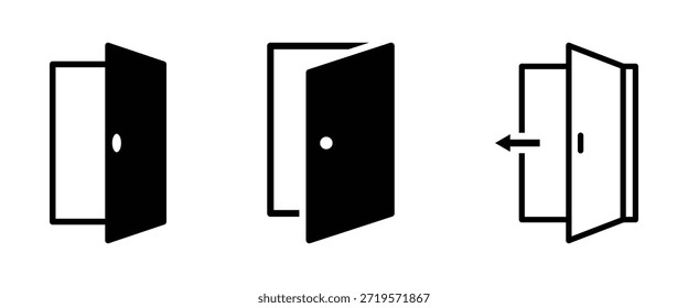 Ícones de porta definidos. Abra, feche e feche a porta. Coleção Doors. Aberta porta de entrada conjunto estilo plano. Ícone de porta definir saída, bater, portas abertas, casa, portas fechadas