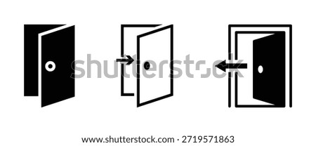 Door icons set. Open, close and ajar door. Doors collection. Opened entrance door set flat style. Door icon set exit, knock, open doors, home, closed doors