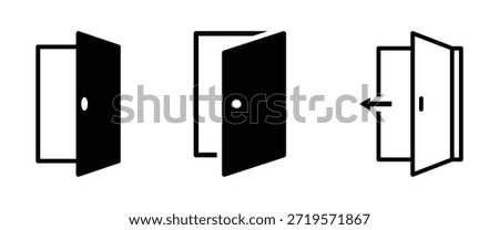 Door icons set. Open, close and ajar door. Doors collection. Opened entrance door set flat style. Door icon set exit, knock, open doors, home, closed doors