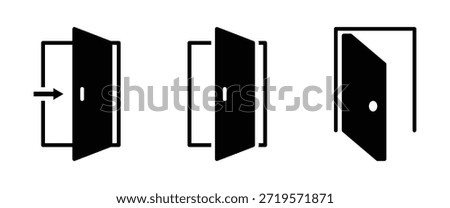 Door icons set. Open, close and ajar door. Doors collection. Opened entrance door set flat style. Door icon set exit, knock, open doors, home, closed doors