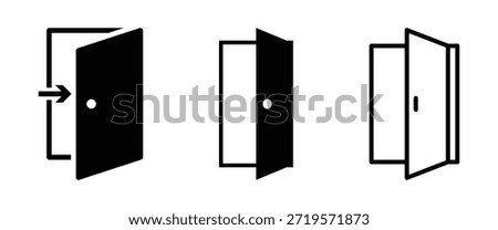 Door icons set. Open, close and ajar door. Doors collection. Opened entrance door set flat style. Door icon set exit, knock, open doors, home, closed doors