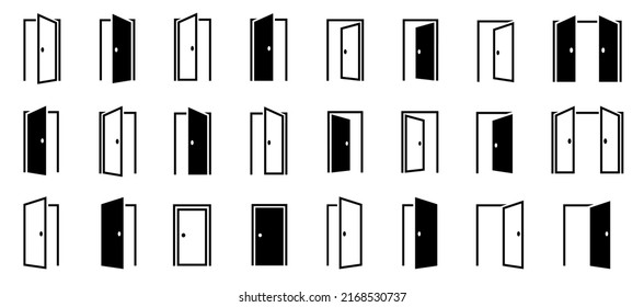 Door icons set. Opened and closed door symbols collection. Vector