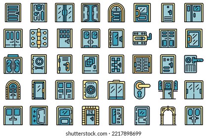 Door icons set outline vector. Office glass. Wood home thin line color flat on white