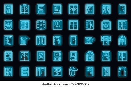 Door icons set outline vector. Office glass. Wood home neon color on black