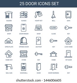 Door Icons. Trendy 25 Door Icons. Contain Icons Such As Gazebo, Blinds, Heart Key, Bell, Safe, Shop, Door Ringer, Close, Key, Open Plate, Opened Door. Icon For Web And Mobile.