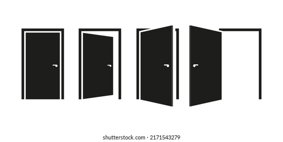 Door icons. Vector black door icons on white background. Open and closed door icons.