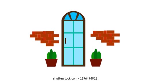 Door illustrated vector design, flower pot art.