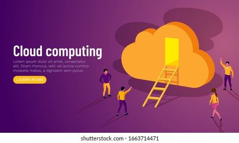 Door to innovation. Cloud computing. Group of people standing around big cloud with ladder and cloud. Creative people. Vector illustration