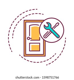 Door installation color line icon. Installation of doors in openings. Process of repair. Handyman services. Pictogram for web page, mobile app, promo. UI UX GUI design element. Editable stroke.