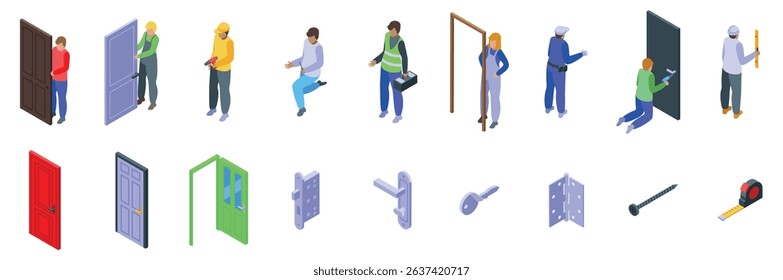 Door installation icons set. Skilled carpenters installing, repairing, and maintaining doors, ensuring proper functionality and security for homes and businesses