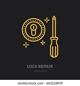 Door installation logo, repair flat line icon. Lock cylinder replacement, core fixing thin linear sign for handyman service.