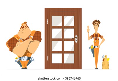 Door installation repair unlock service. Two man locksmith. Color vector illustration.