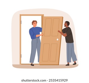 Instalação da porta, substituição. Trabalhadores instalando nova entrada no quarto de casa durante a reparação do apartamento, renovação. Substituição e atualização. Ilustração de vetor plano isolada no plano de fundo branco