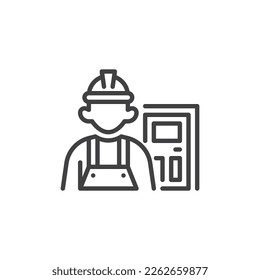 Door installation service line icon. linear style sign for mobile concept and web design. Handyman and door outline vector icon. Symbol, logo illustration. Vector graphics