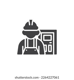 Icono vectorial del servicio de instalación de puertas. signo plano relleno para concepto móvil y diseño web. Icono de glifo de mano y puerta. Símbolo, ilustración del logotipo. Gráficos vectoriales