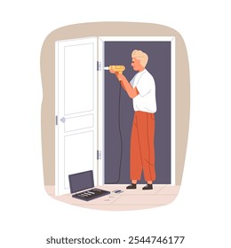 Door installation service. Worker assembling, installing, fixing new entrance with hinge and drill in home apartment. Professional worker. Flat vector illustration isolated on white background