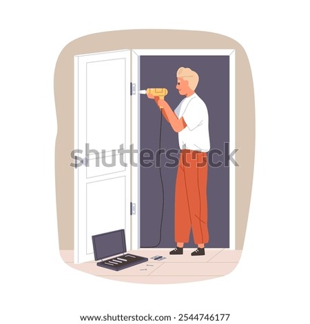 Door installation service. Worker assembling, installing, fixing new entrance with hinge and drill in home apartment. Professional worker. Flat vector illustration isolated on white background