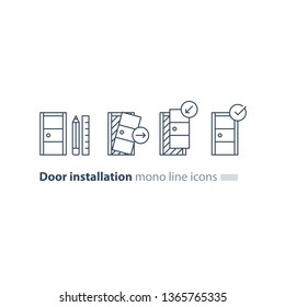 Door installation services, replacement steps, vector mono line icons set