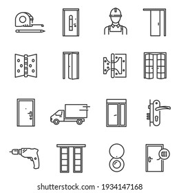 Door installation tools thin line icons set isolated on white. Home repairs, maintenance, improvements pictograms collection. Builder, carpenter equipment vector elements for infographic, web.