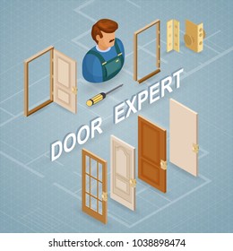Door installing service. Isometric interior repairs concept. Worker, equipment and items isometric icon. Builder in uniform, professional tools, door leaf. Vector flat 3d illustration.