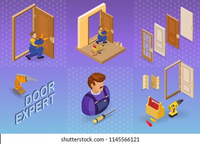 Door installing service. Isometric interior repairs concept. Worker, equipment and items isometric icon. Builder in uniform, professional tools, door leaf. Vector flat 3d illustration.