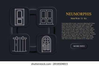 Door interior set icon. Single door, double door, curtain drape, arched window displayed in neumorphic square buttons with thin outline strokes, soft shadow, dark interface background