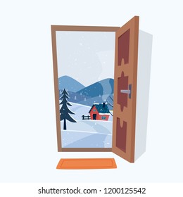 Door into winter landscape. Flat cartoon style vector illustration.