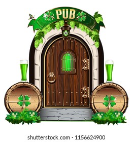 The door to the Irish pub. Vector illustration for Saint Patrick Day.
