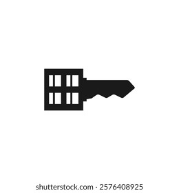 Door key with apartment building. Vector silhouette in flat style.