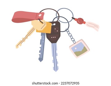 Door key for apartment flat cartoon icon. Vector illustration of keyrings, apartment keys with keychain, key chain pendant. Keyholder, keyring loss protection, real estate house pocket with trinkets