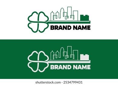 door key with city skyline in behind and clover illustration logo design