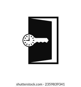 Llave de puerta con reloj, marque con flechas y puerta abierta.