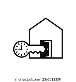 Door key with clock and house building with open door.
